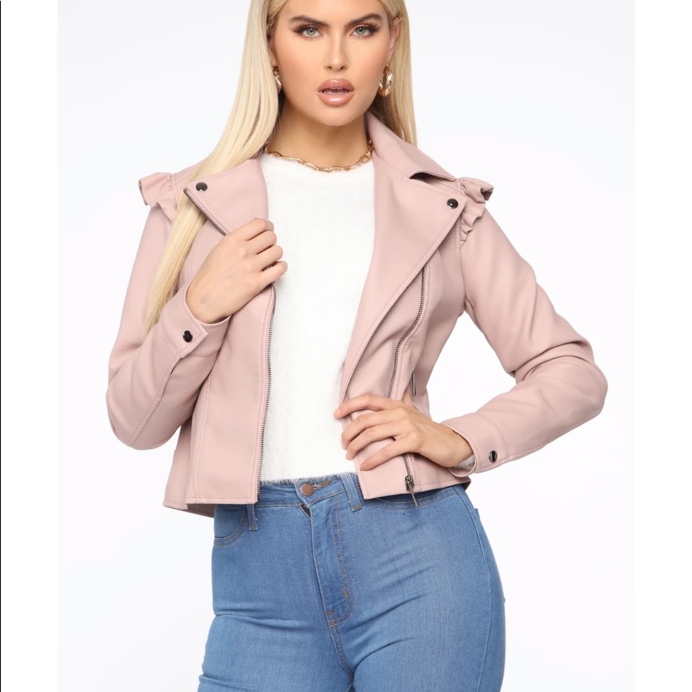Fashion Nova Pink Ruffled Faux Leather Jacket